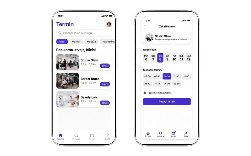 Termin — naš proizvod, prikaz mobilnih ekrana