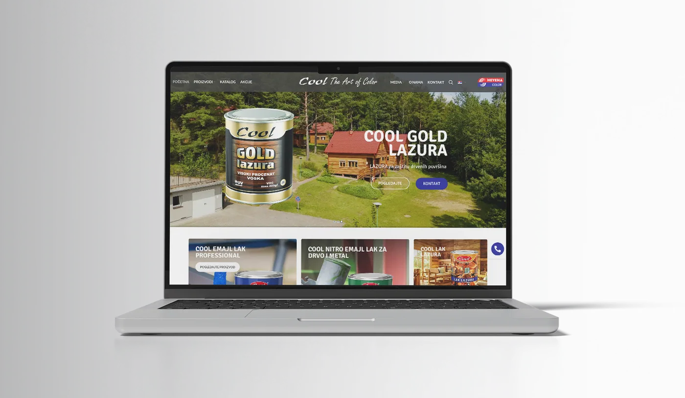 Nevena Color — prikaz sajta za proizvođača boja i lakova na laptopu