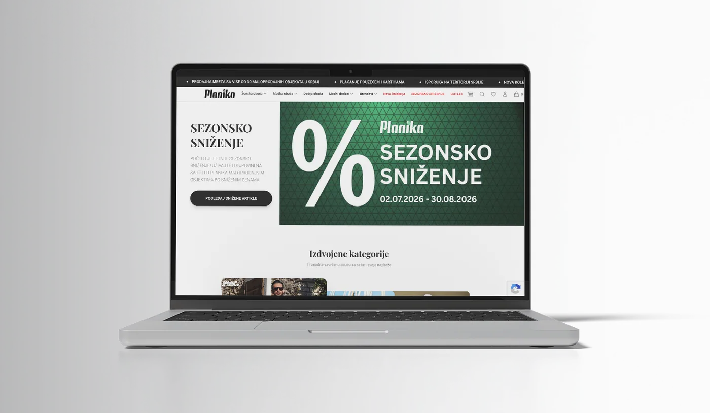 Planika — prikaz online prodavnice obuće na laptopu