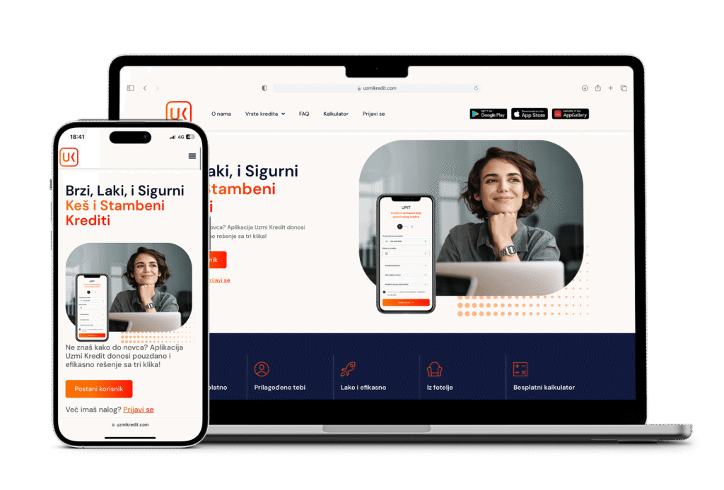 Web sajt Uzmi Kredit prikazan na laptopu i mobilnom telefonu